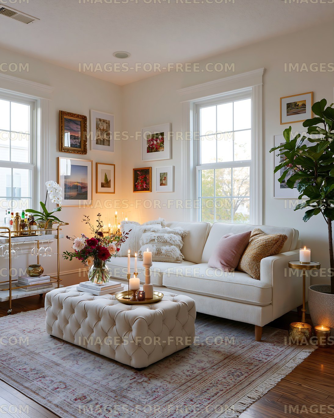 Warmly decorated living room with sofa and candles