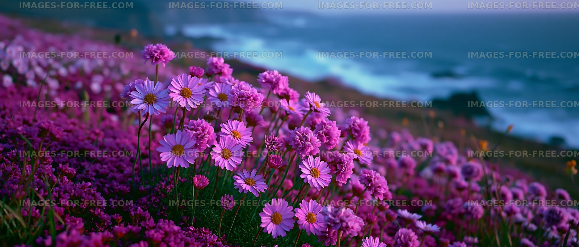 Vibrant flowers bloom near ocean waves at sunset