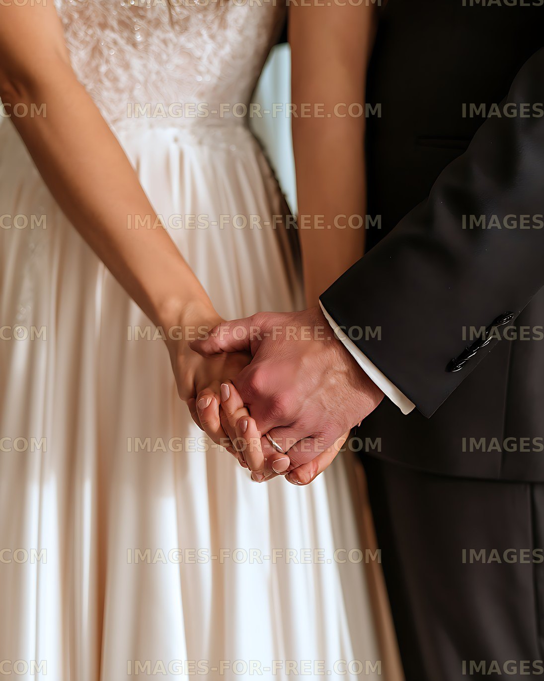 Newlywed Couple Holding Hands in Formal Wedding Attire