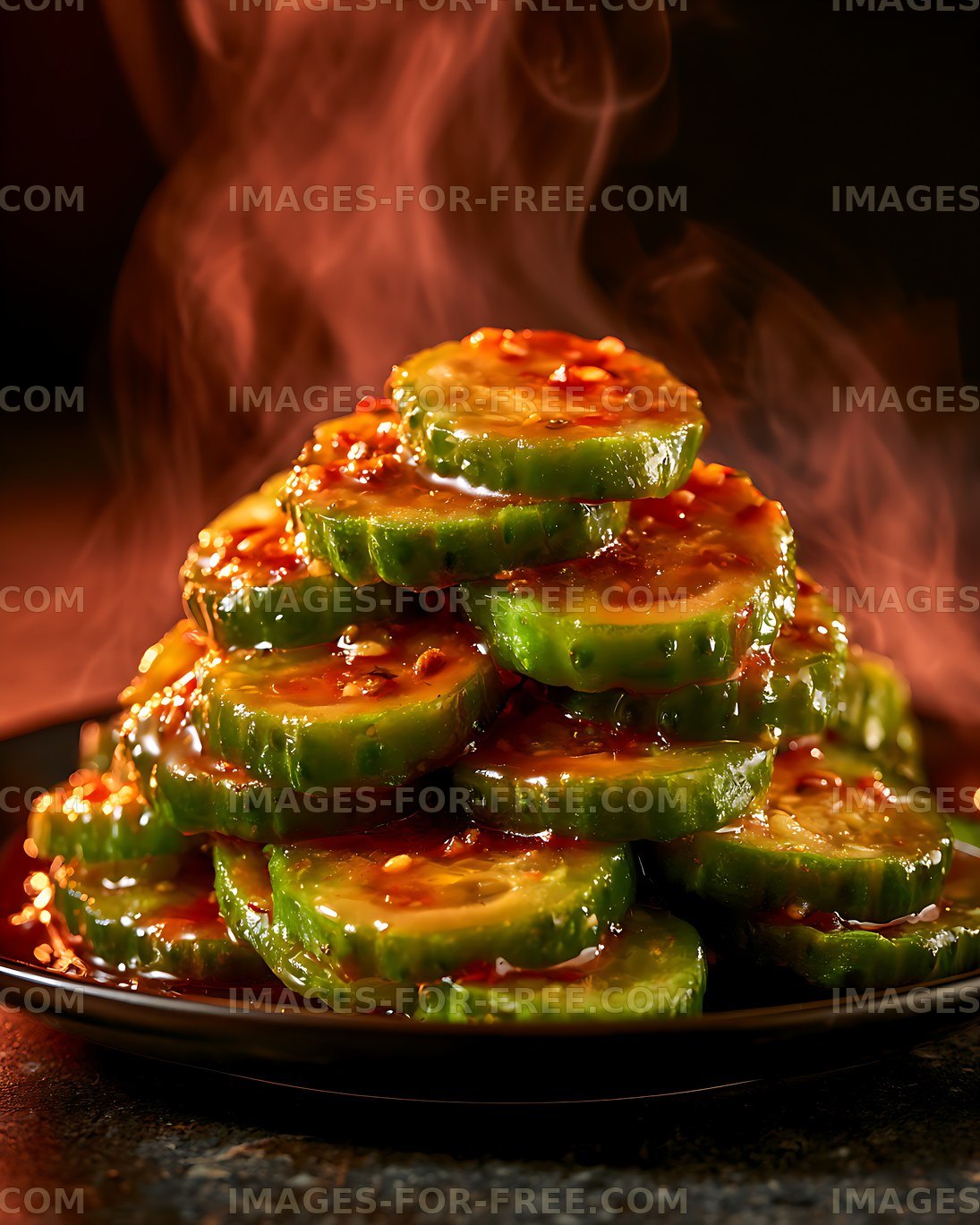 Stack of sauced cucumber slices on a plate