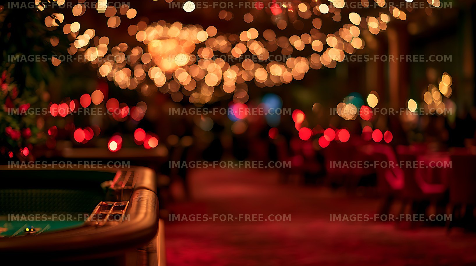 Warm bokeh lights and pool table in an indoor entertainment venue