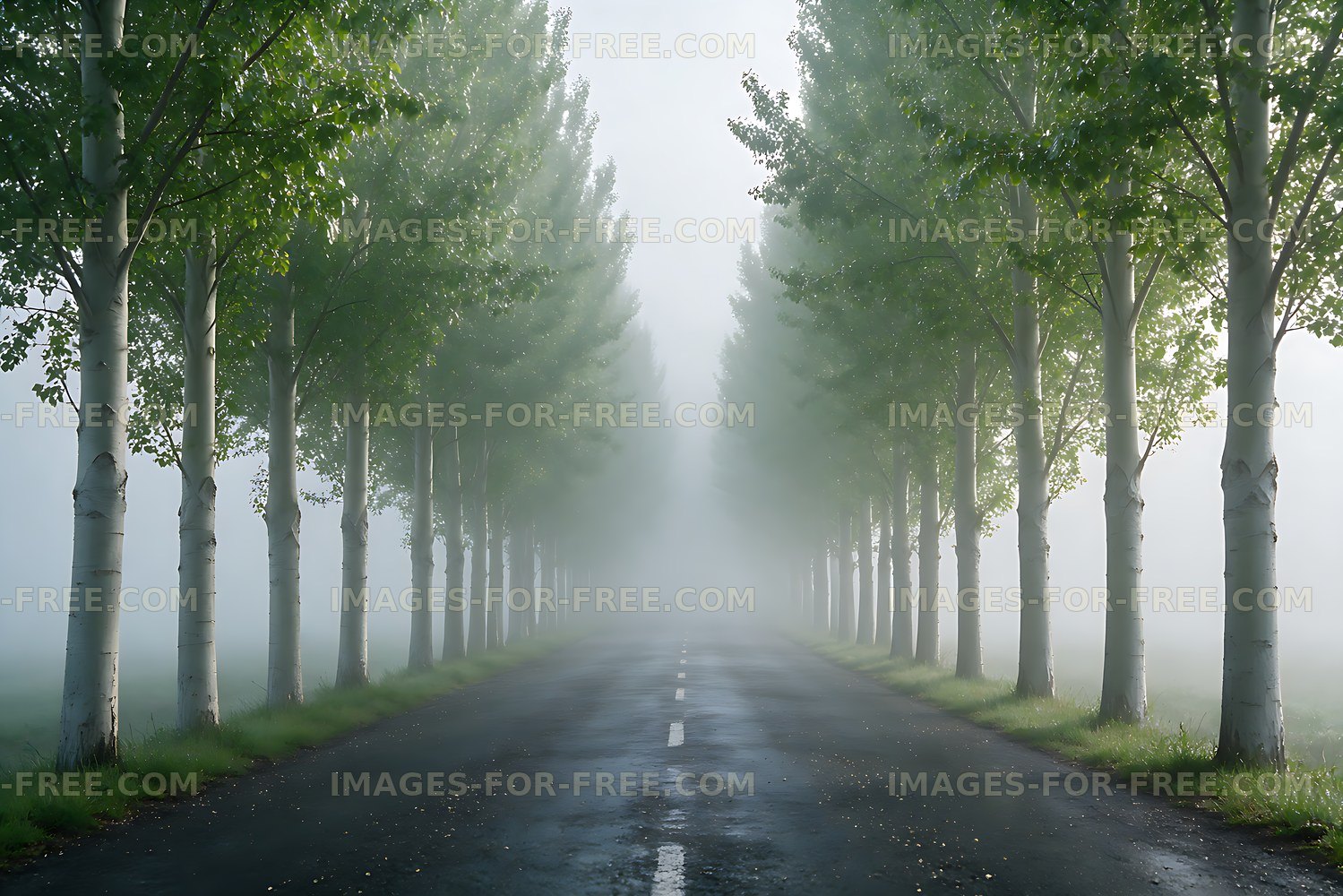 Poplar Tree Avenue in Morning Fog