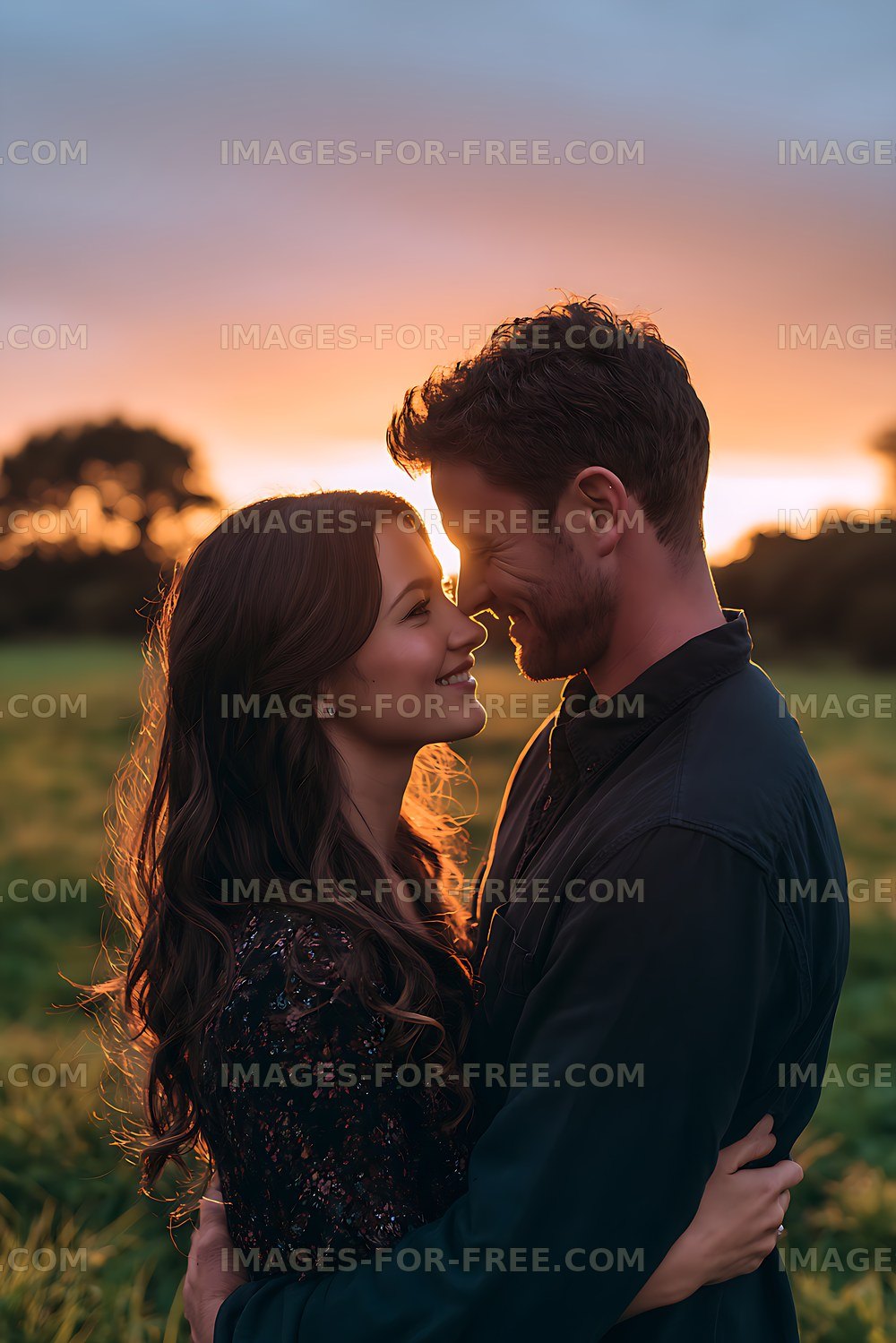 Romantic couple sharing an embrace outdoors at sunset