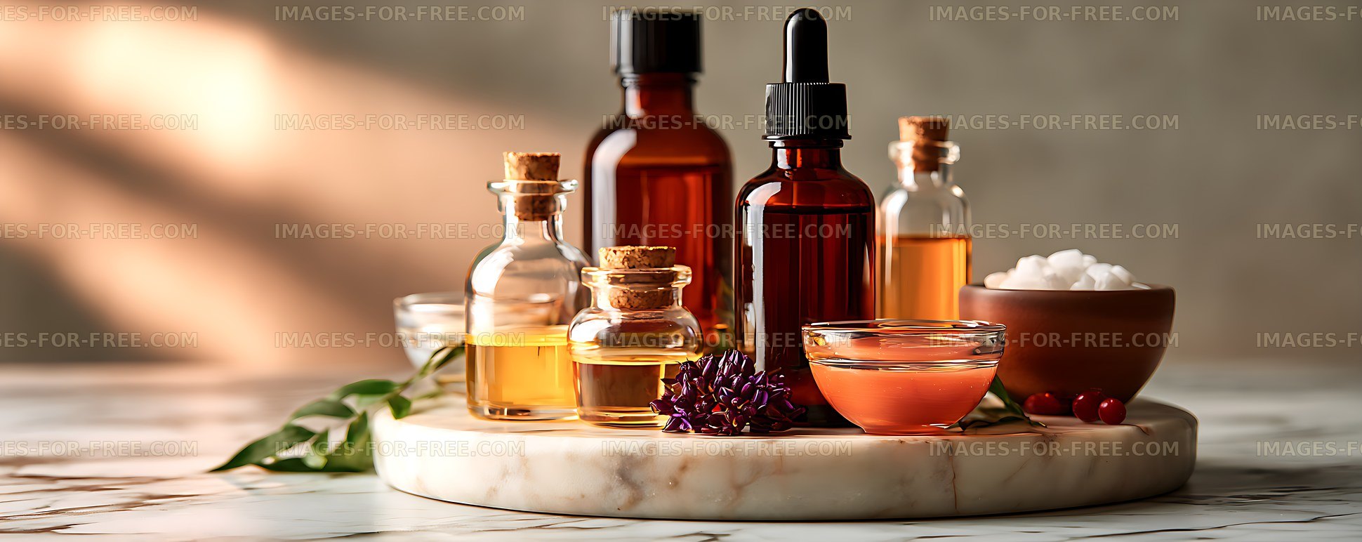 Warm natural skincare still life with glass bottles and cream