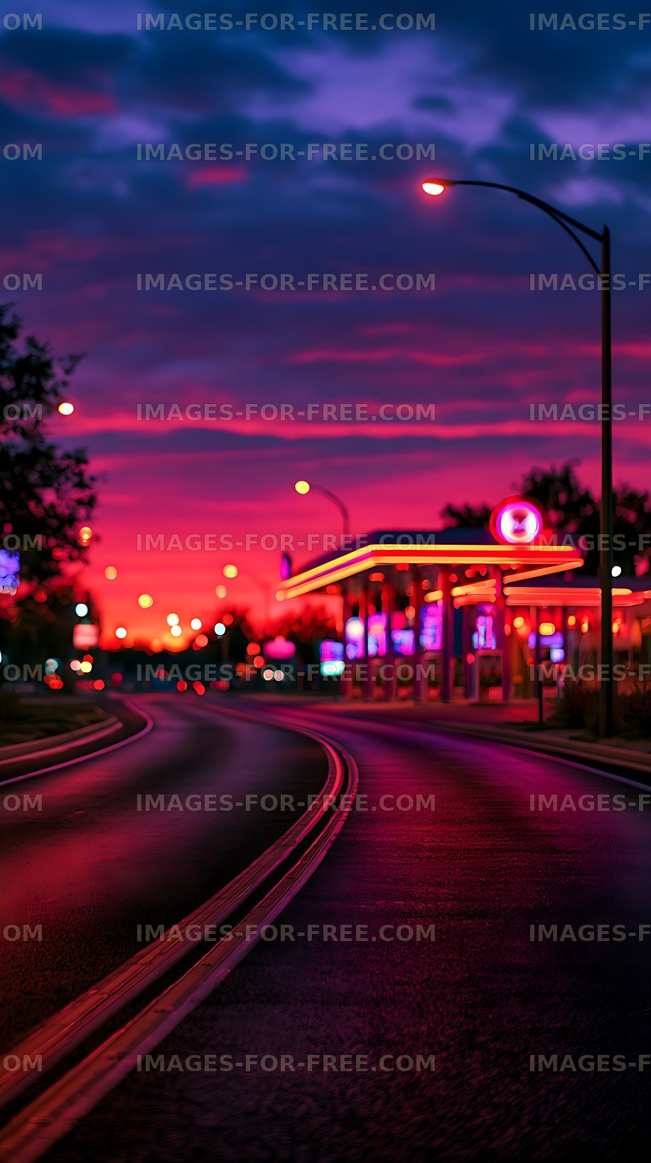 Colorful twilight road with illuminated gas station