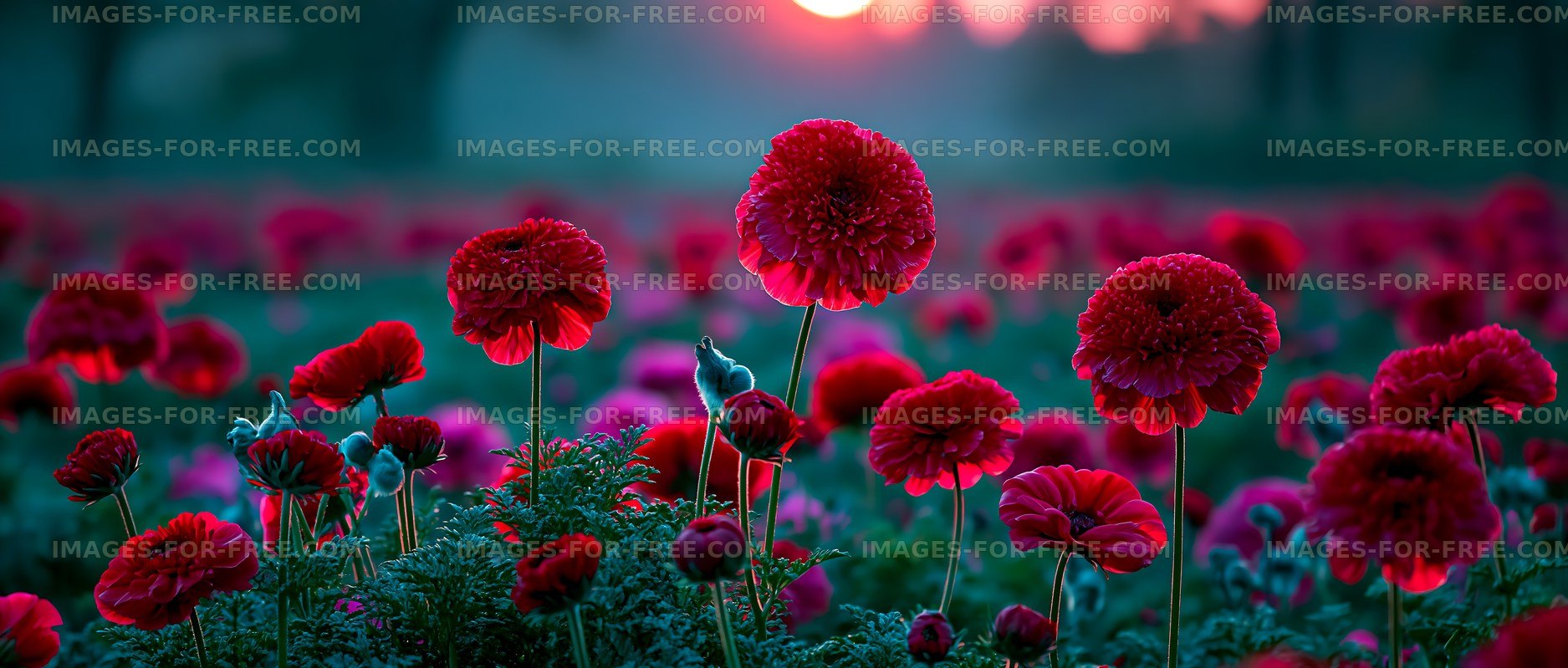Vibrant red flowers in a field during sunset
