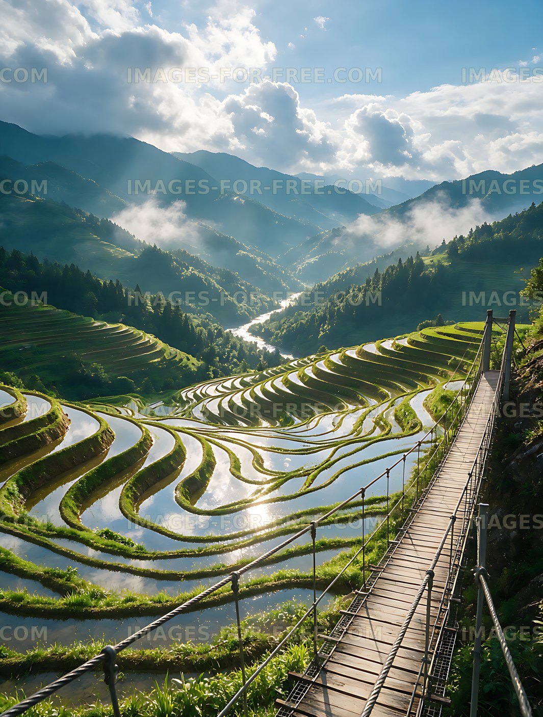 Mountain valley with reflective rice terraces and bridge
