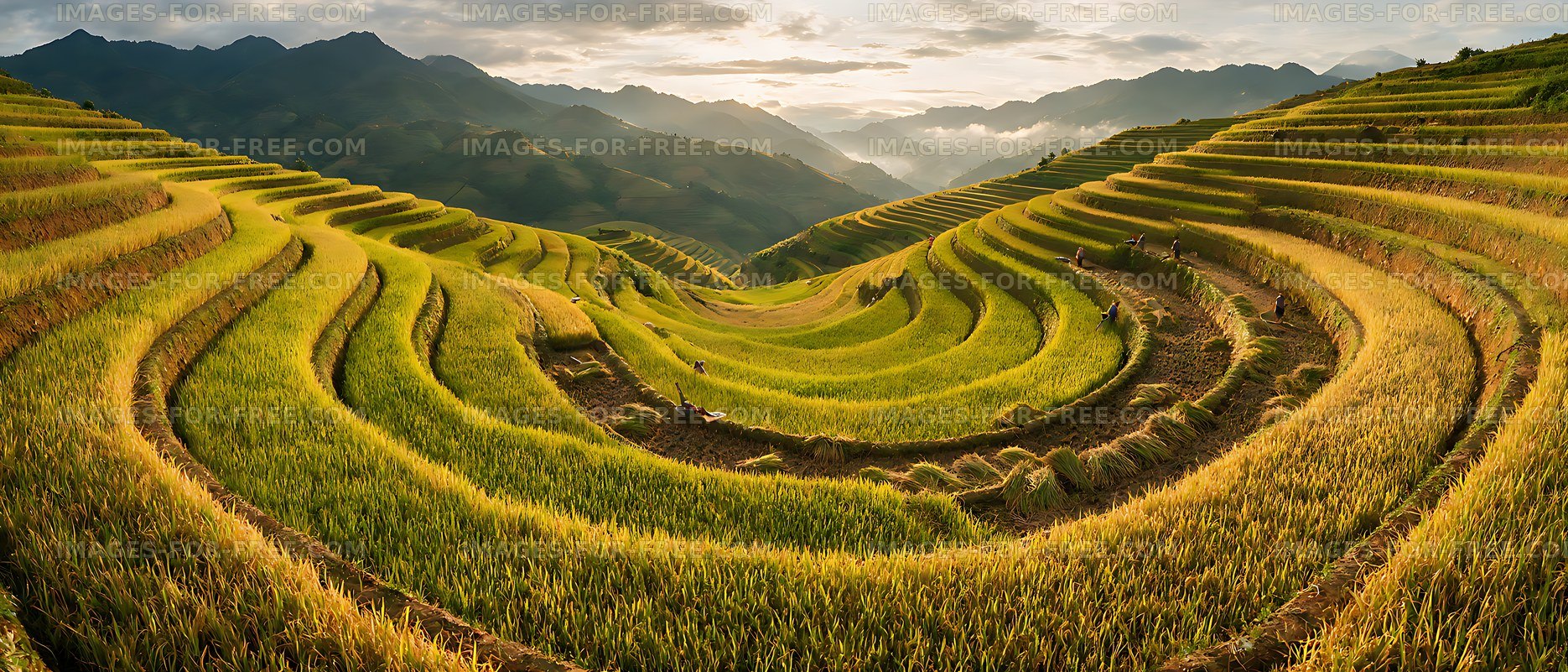 Sunlit terraced fields in a mountain valley