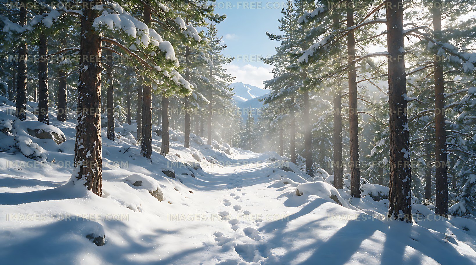 Winter mountain path among snow-covered pine trees