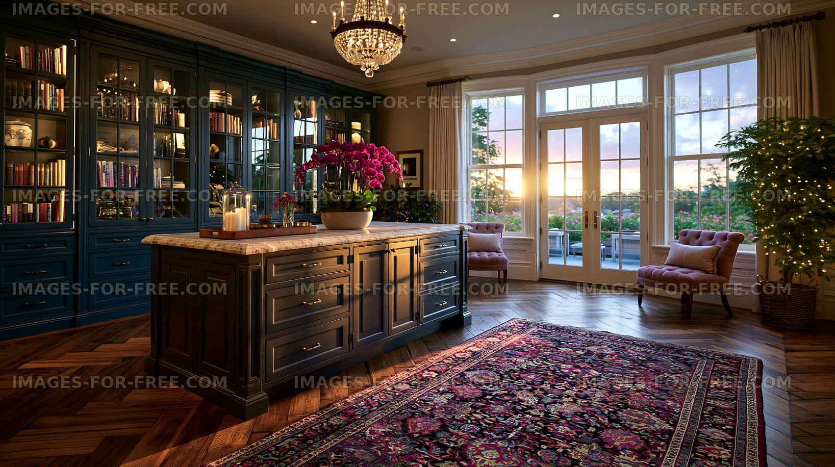 Elegant home interior with sunset views