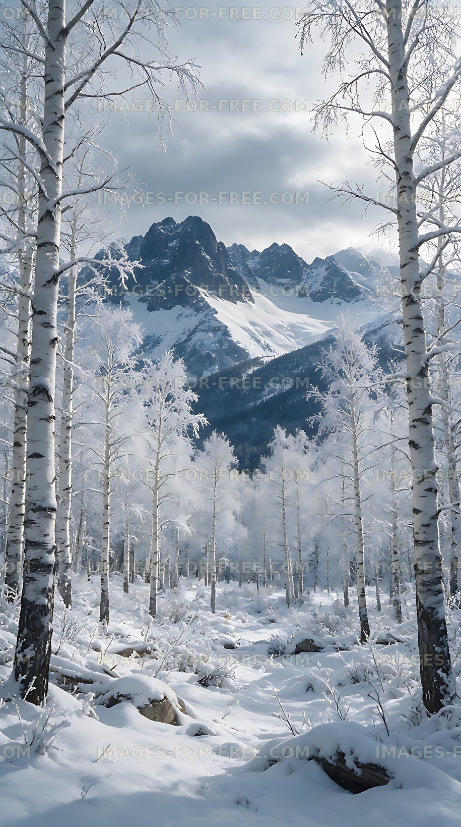 Winter birch woodland with snowy mountains