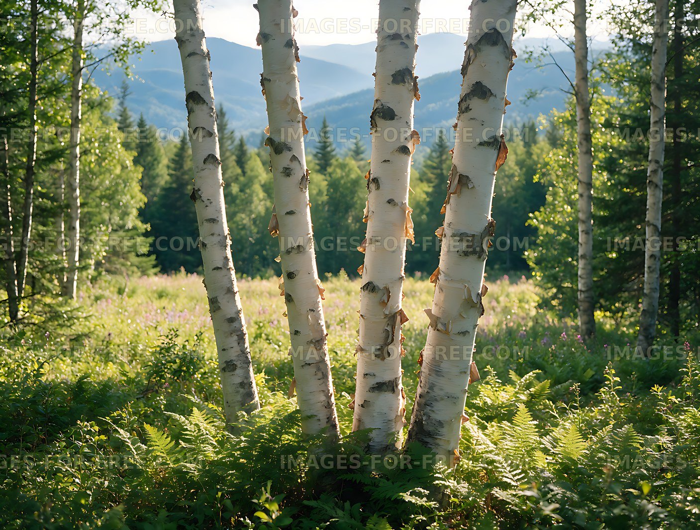 Sunlit birch trees with distant mountain scenery