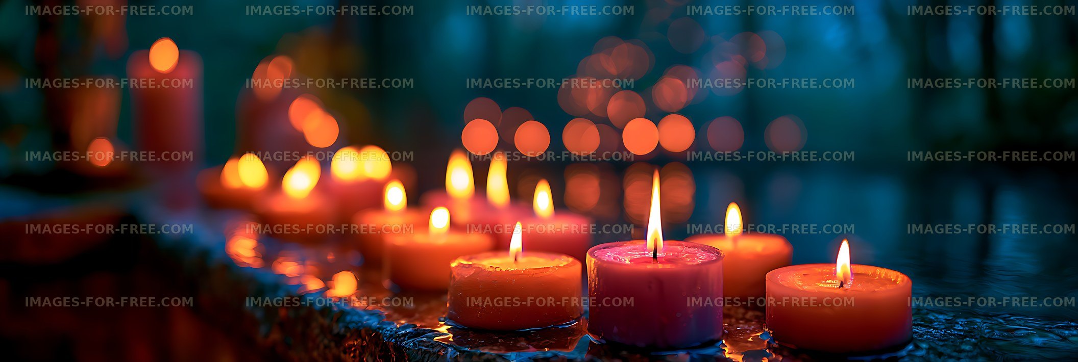 Colorful burning candles with warm bokeh background