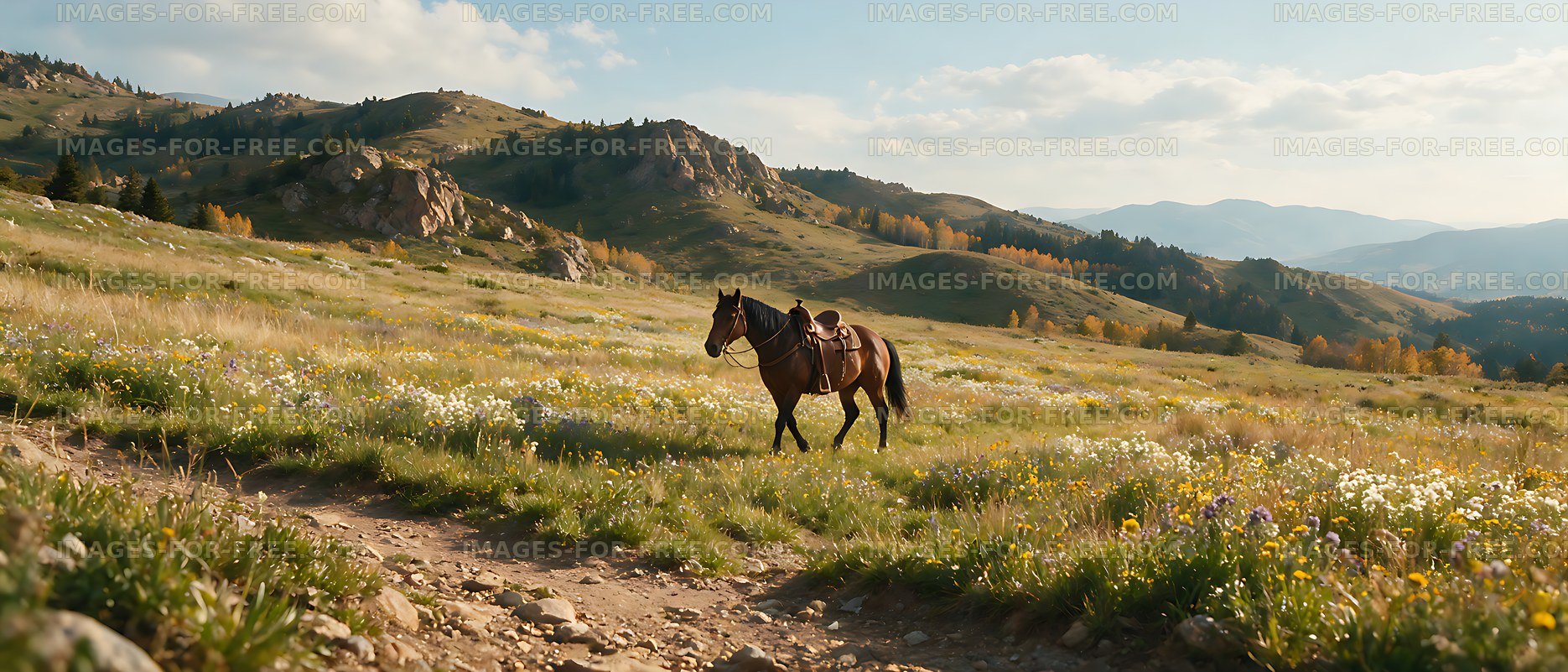 Saddled horse in a flowering alpine meadow