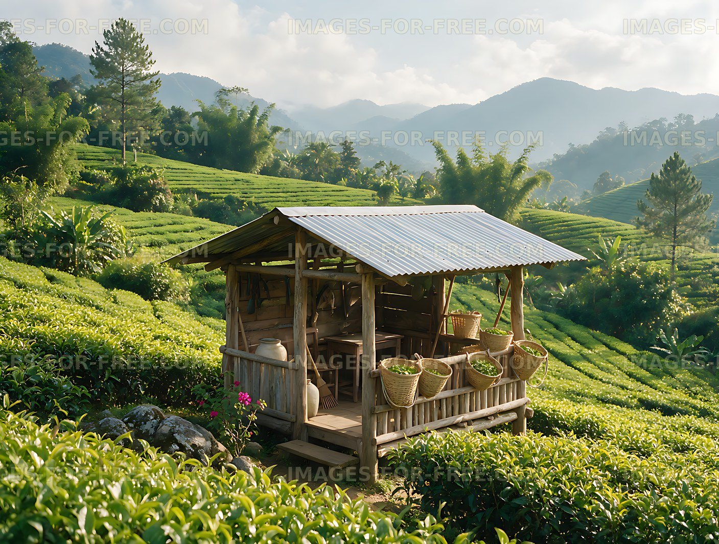 Green tea fields and rustic shelter in mountain valley