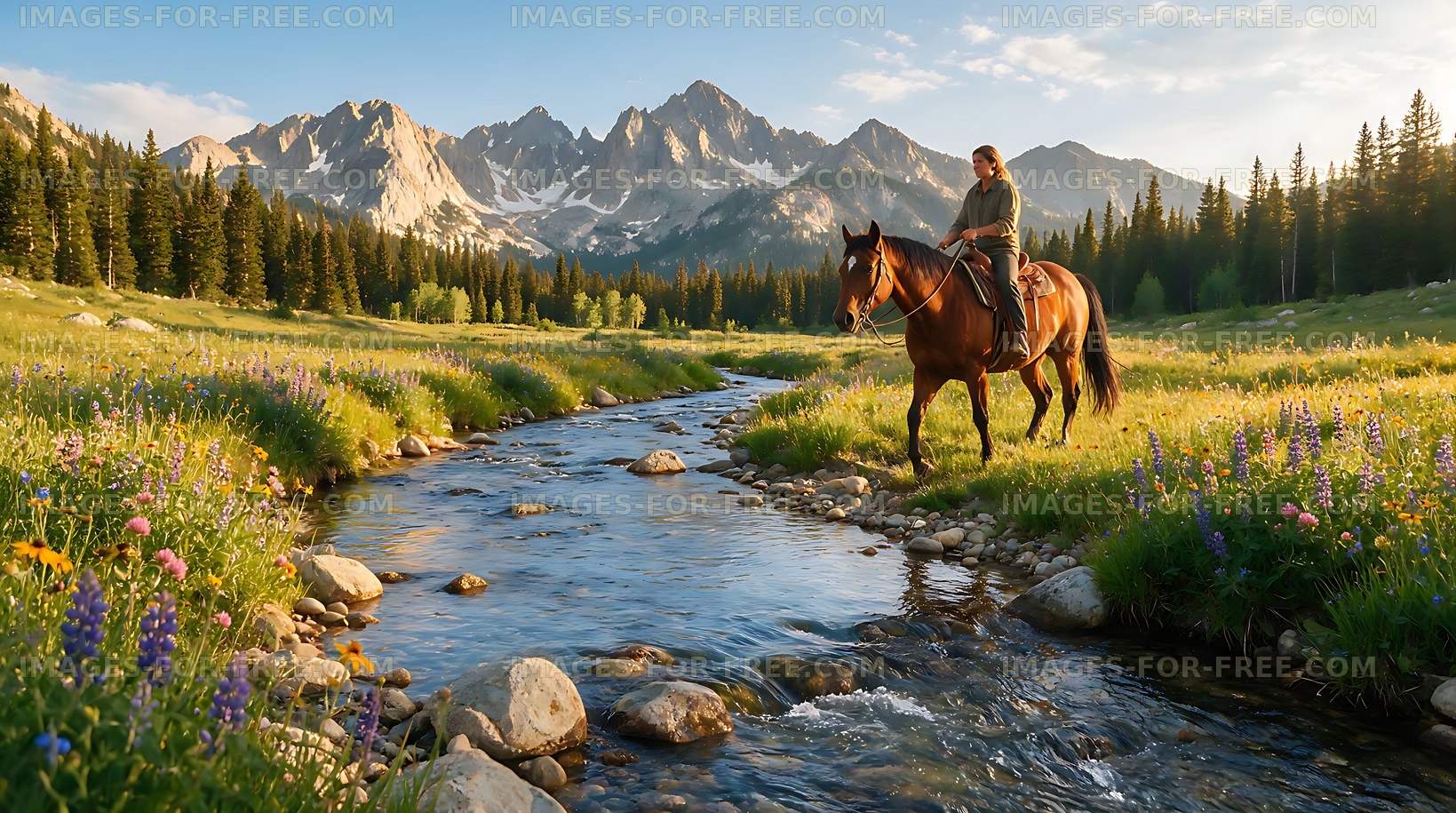 Rider on horseback in a flower-filled alpine meadow