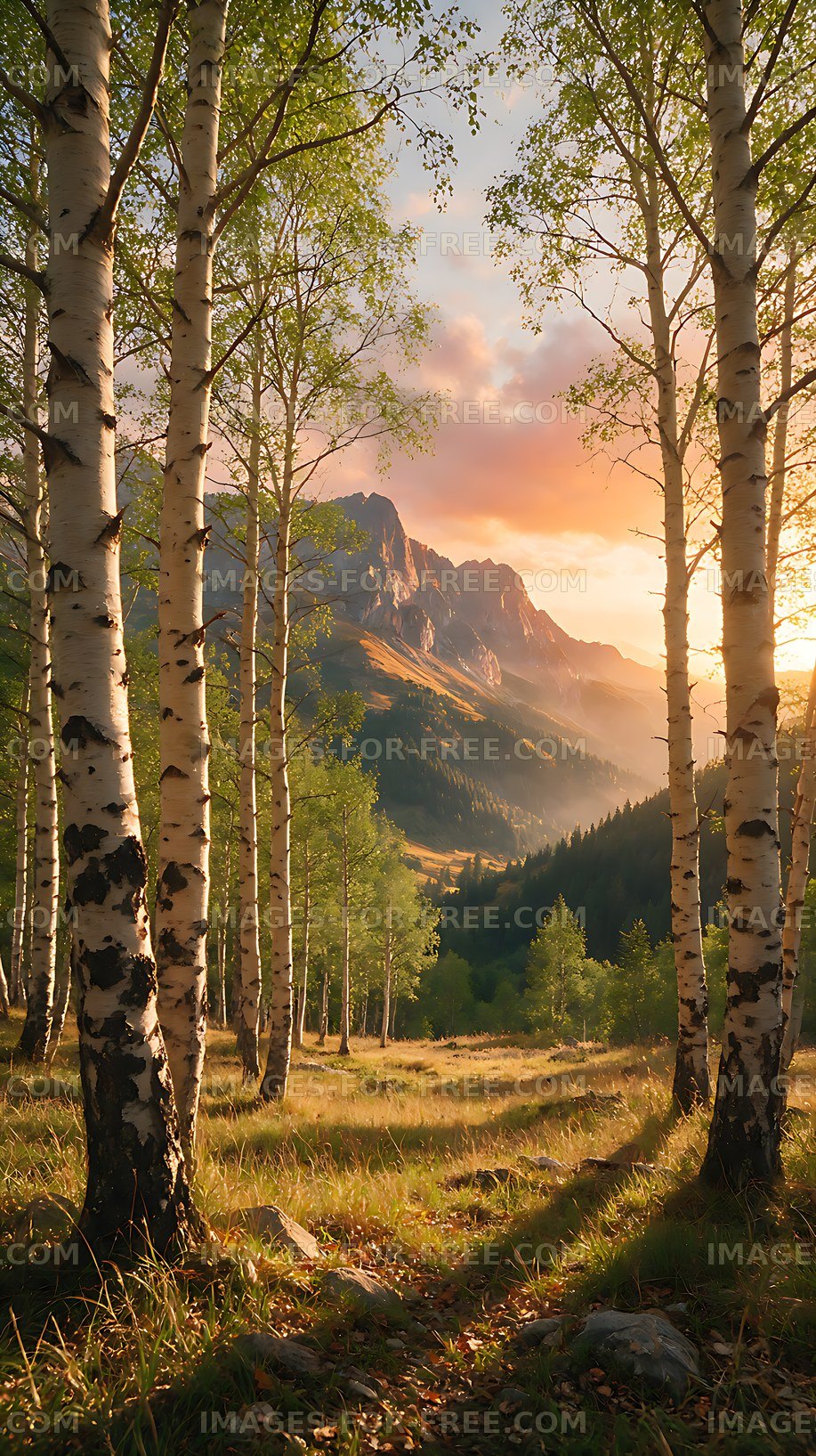 Sunlit birch trees and dramatic mountain landscape