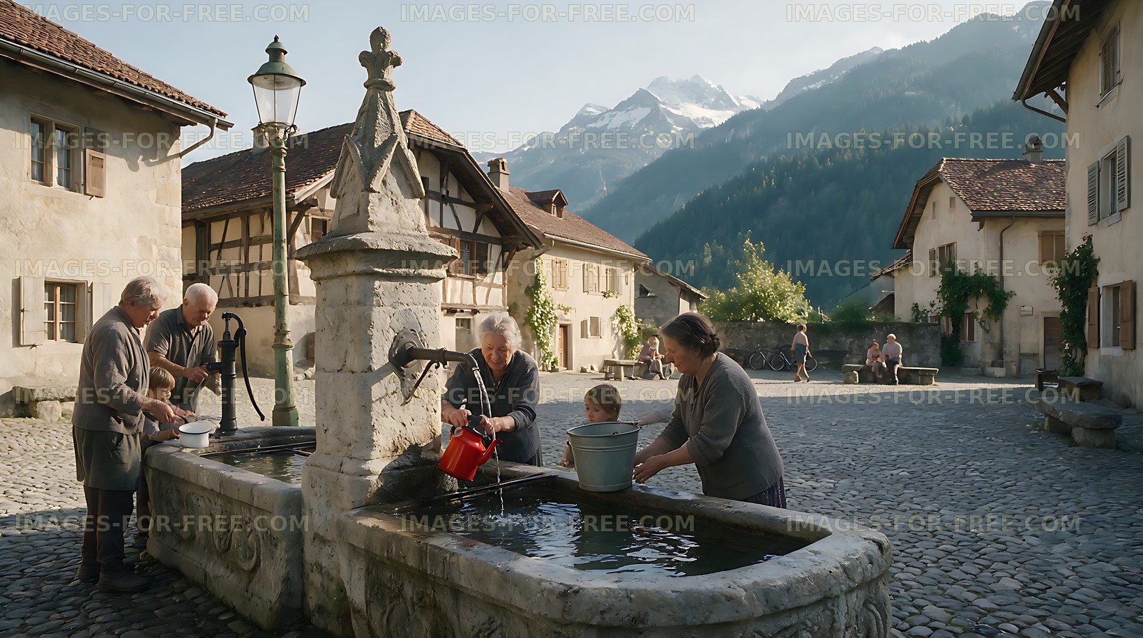 People using a stone fountain in an Alpine village square