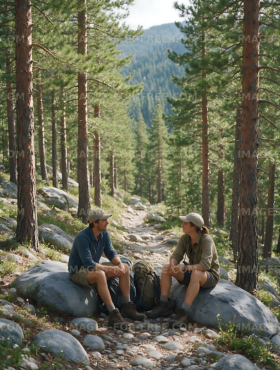 Two hikers taking a break on a forest mountain trail