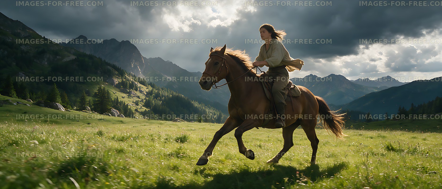 Rider on horseback in a dramatic alpine meadow