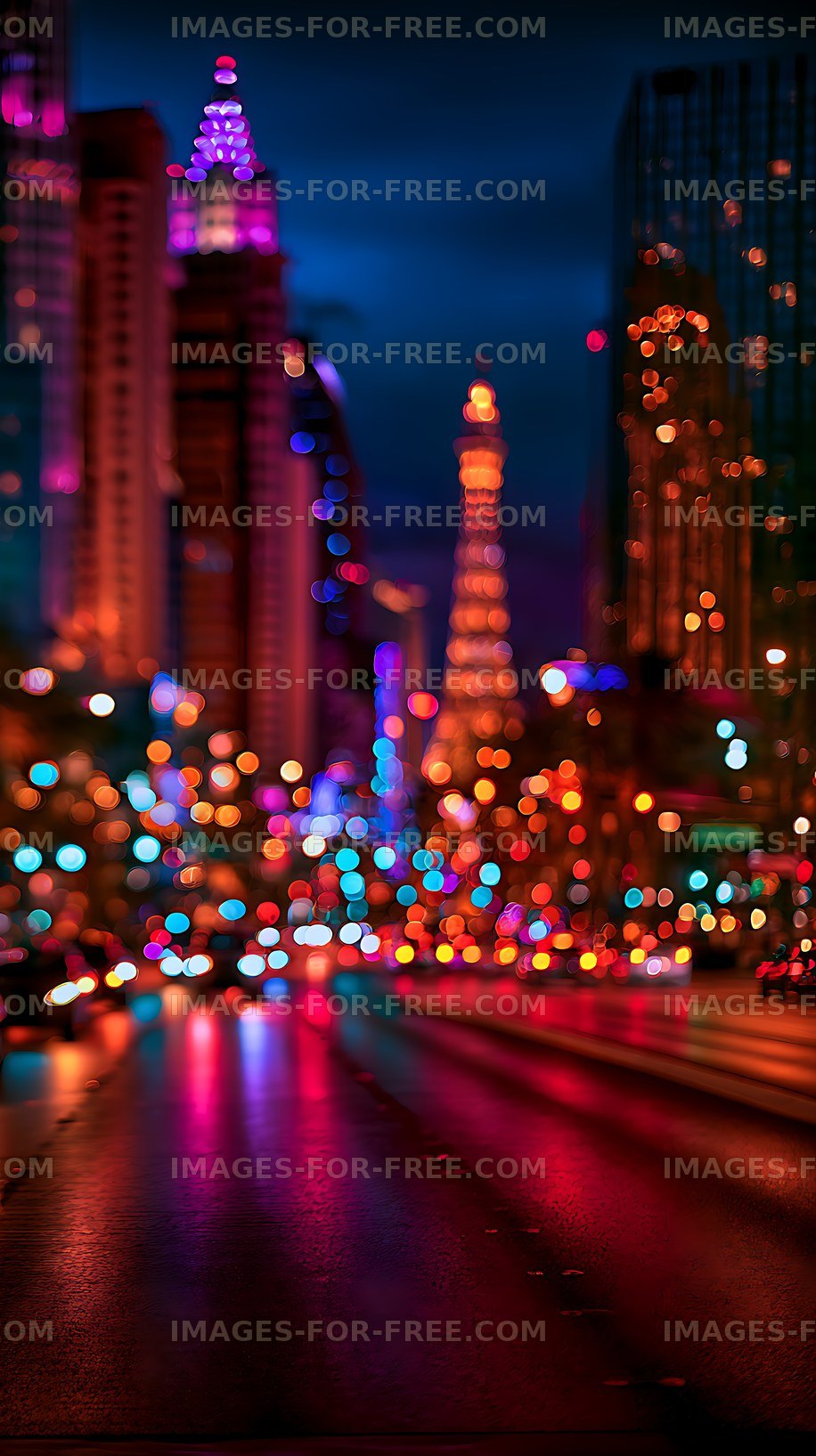 Colorful blurred city lights reflecting on a wet road