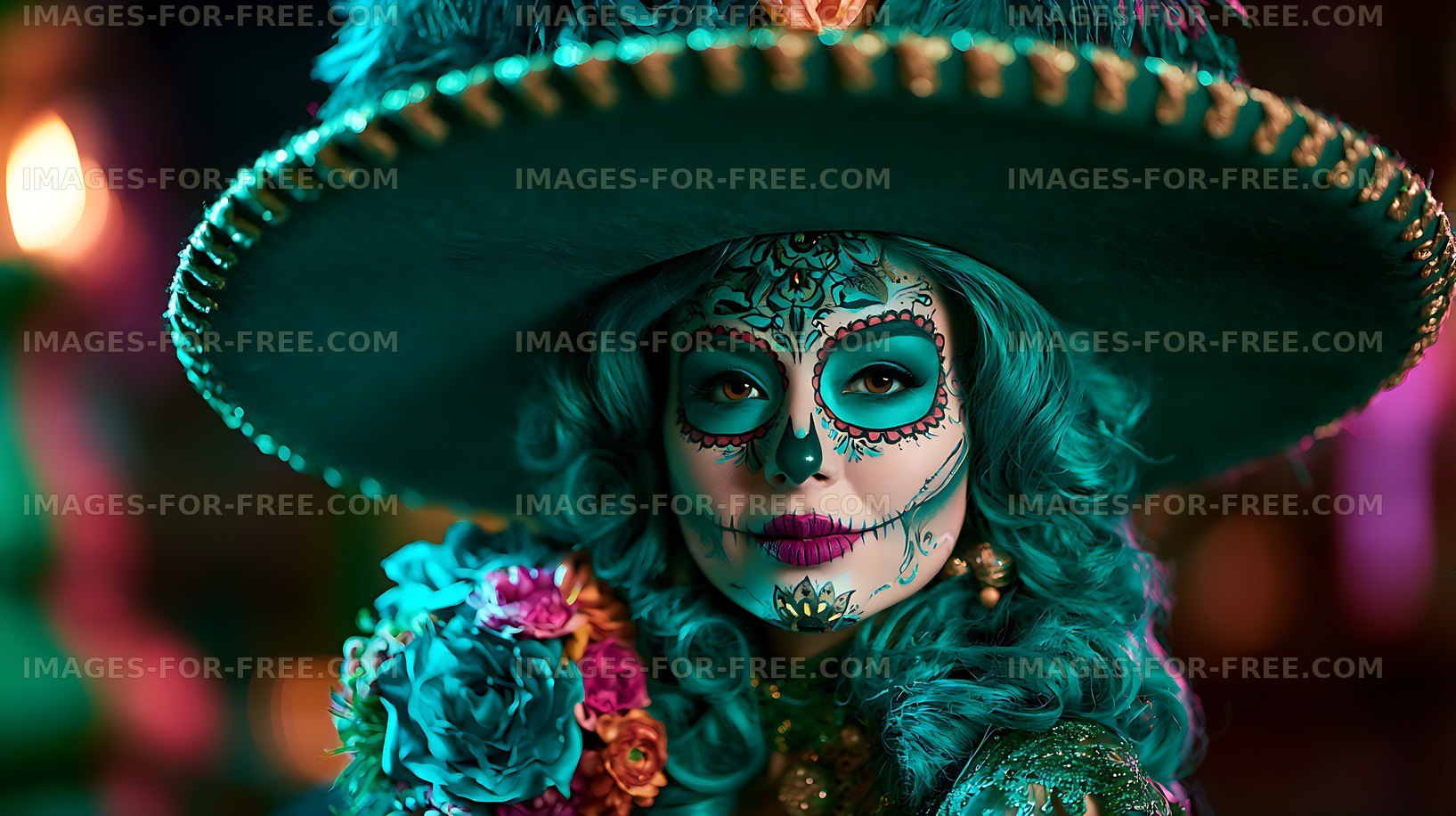 Colorful sugar skull makeup portrait with decorated sombrero