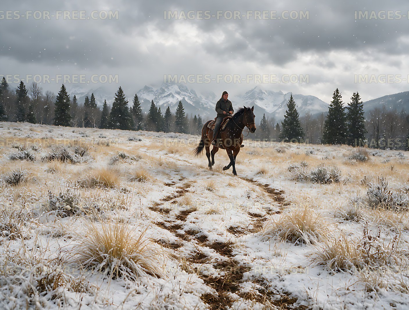 Rider on horseback in a snowy mountain meadow