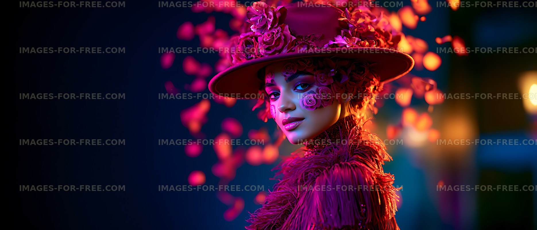 Colorful portrait of woman wearing an ornate floral hat
