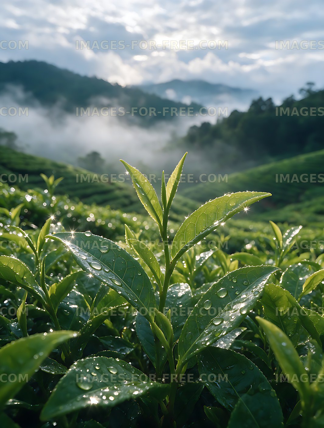 Fresh Tea Leaves with Mountain Valley View