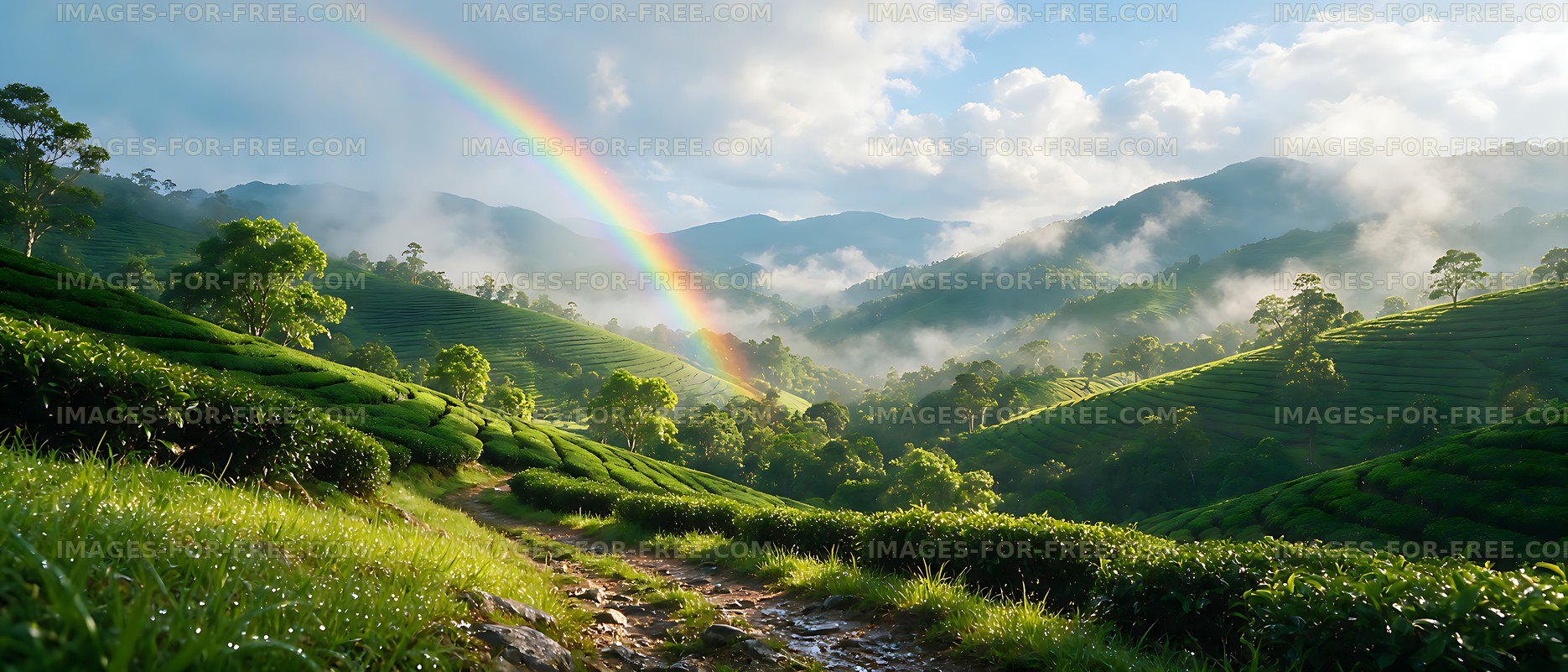 Misty Mountain Valley Tea Plantation with Rainbow