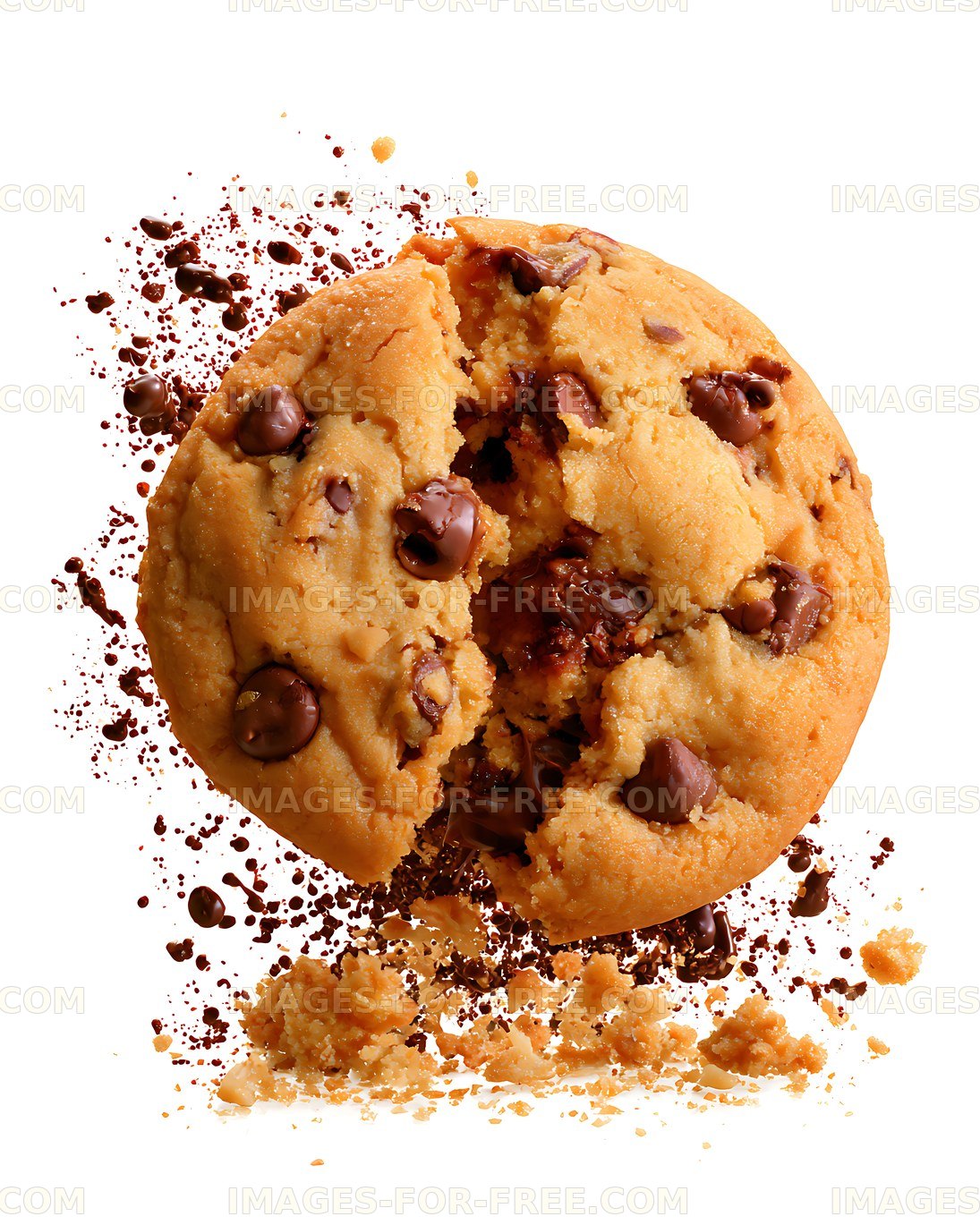 Close-up chocolate chip cookie with scattered crumbs