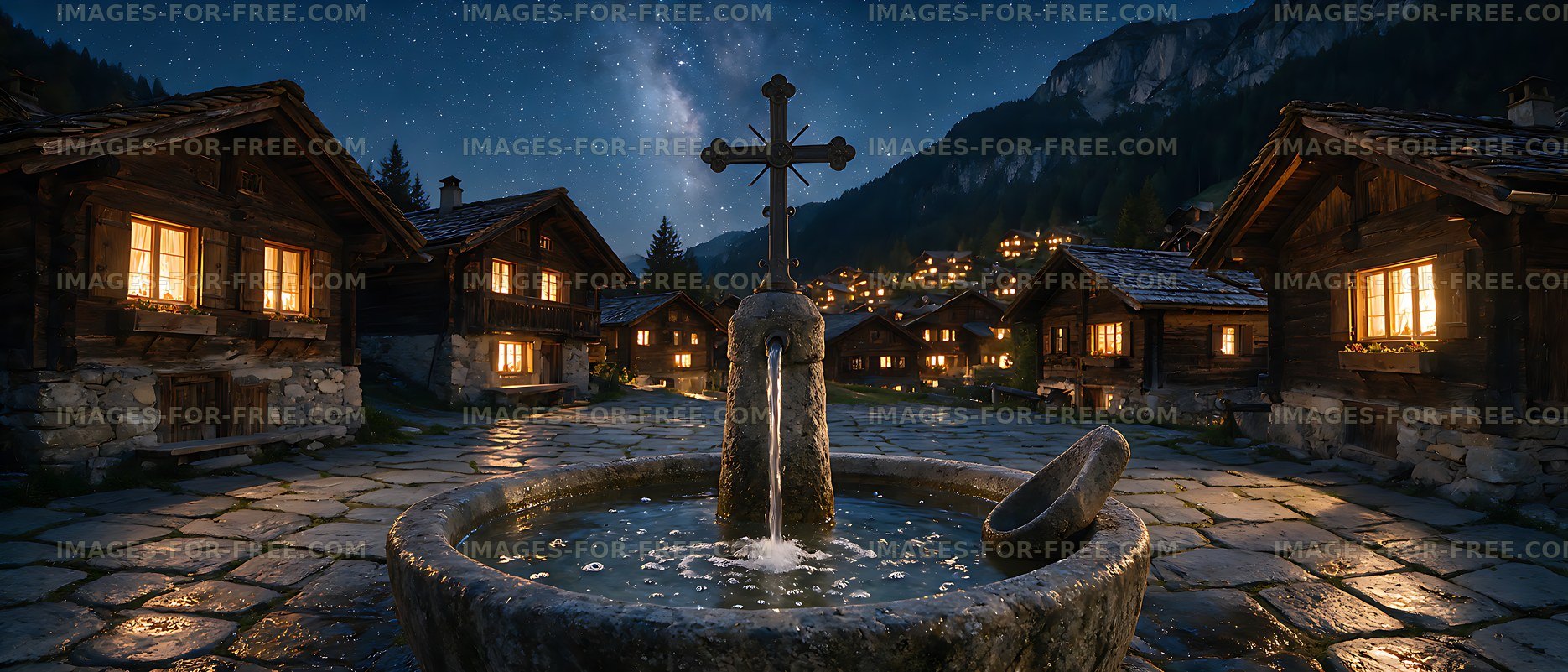 Stone fountain in a Swiss alpine village at night