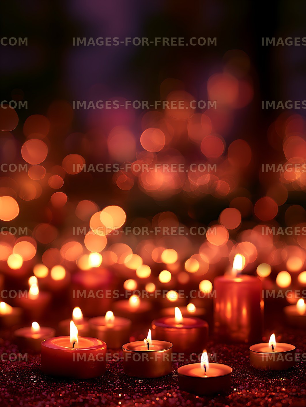 Warm candlelight and glowing bokeh in darkness