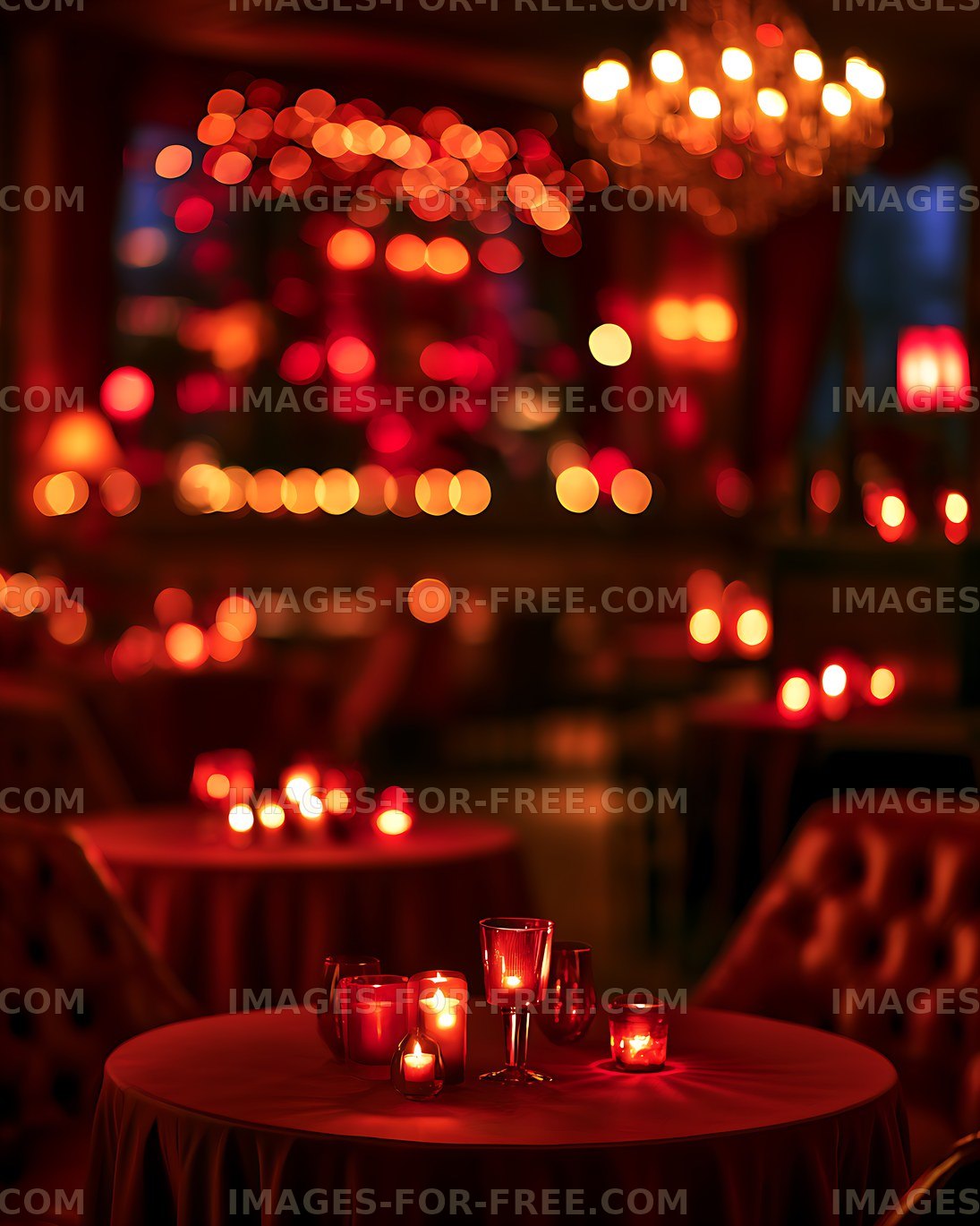 Warm candlelight and blurred decorative lights indoors
