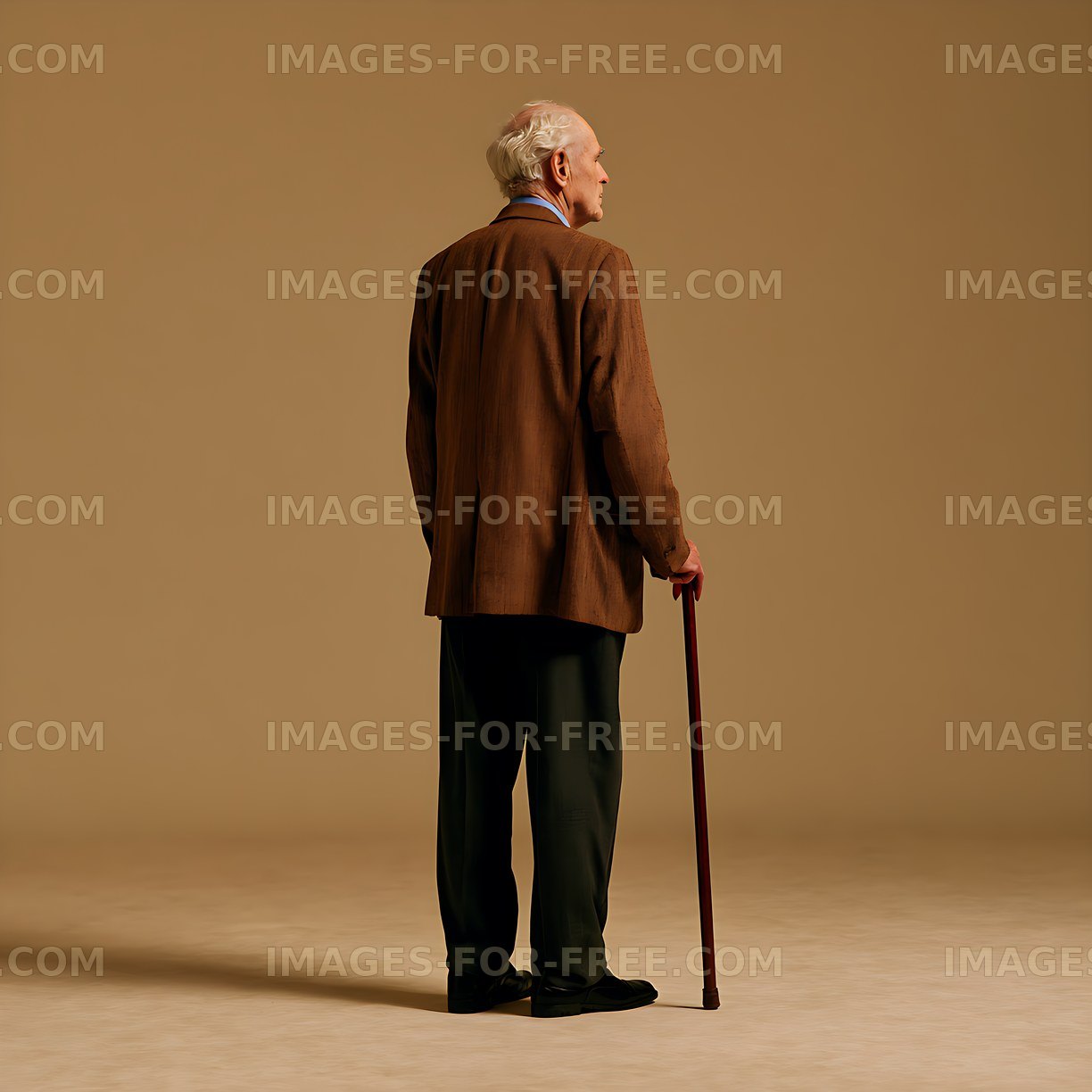 Older man holding a walking cane against a warm plain background