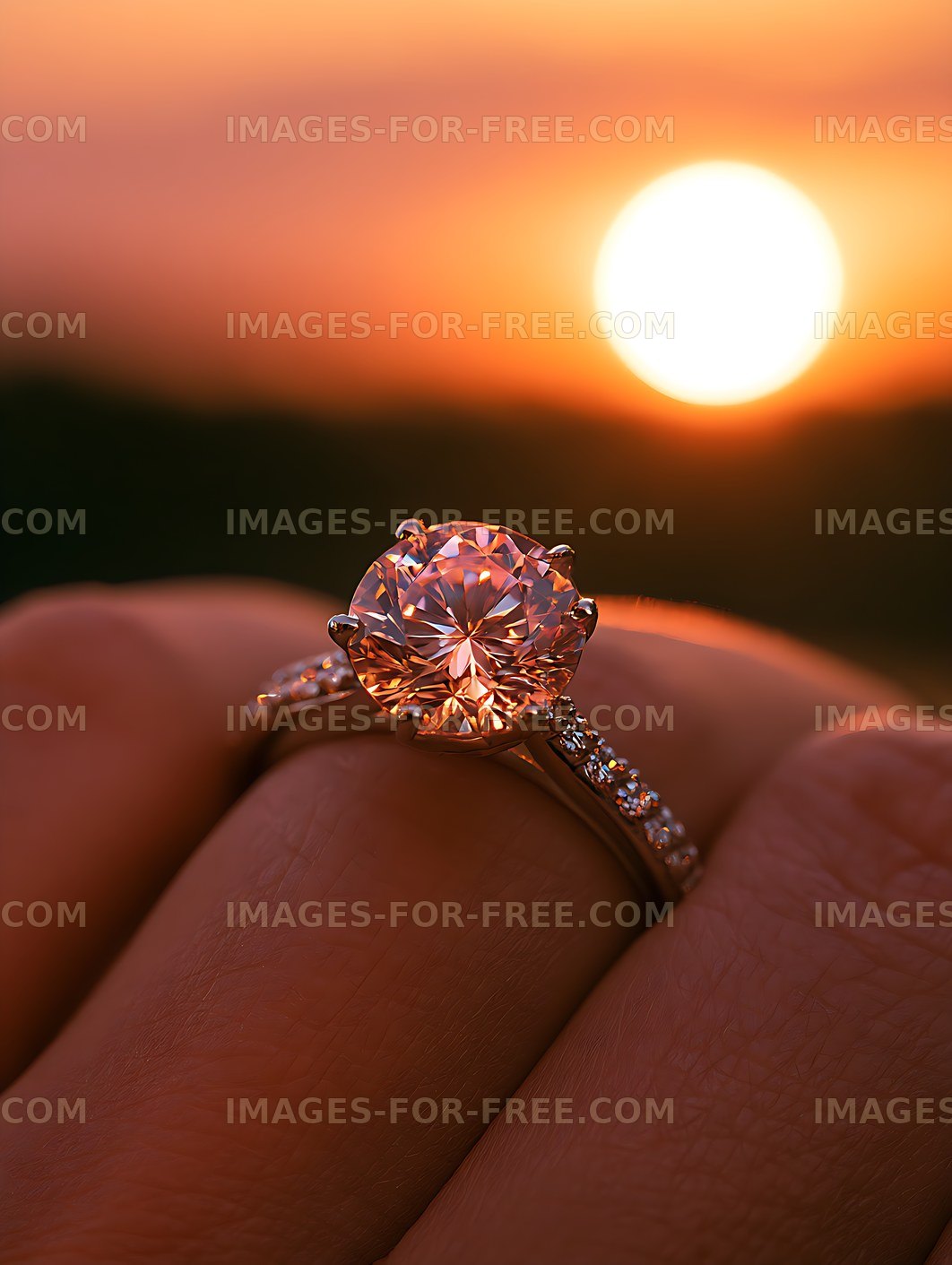 Close-up diamond ring with sunset background