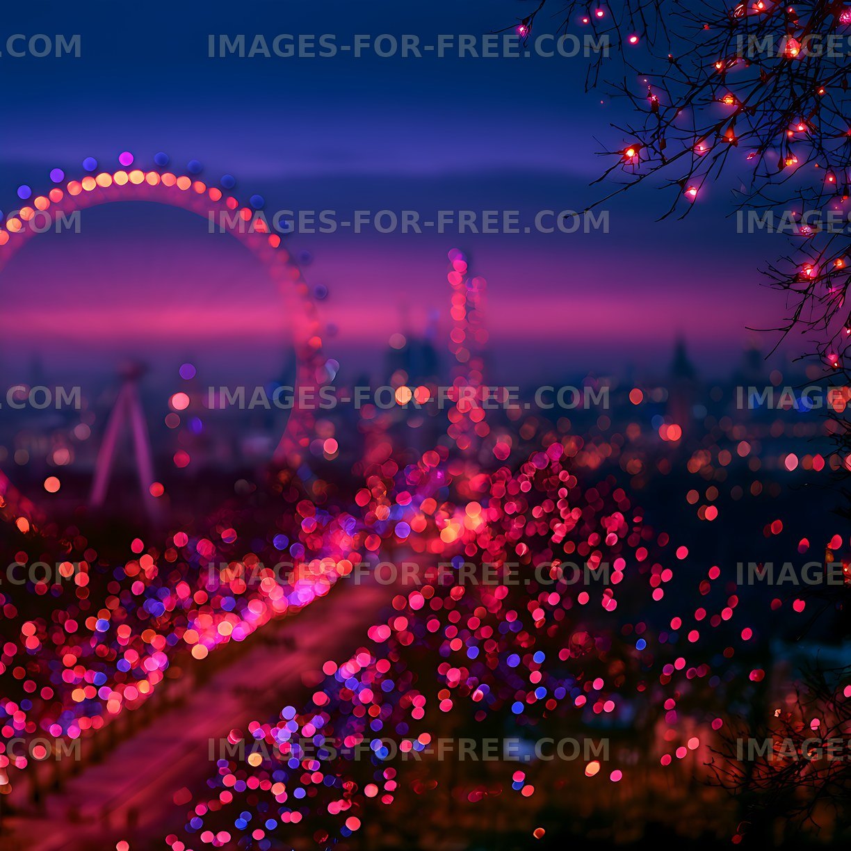 Abstract colorful city bokeh and glowing branches at night