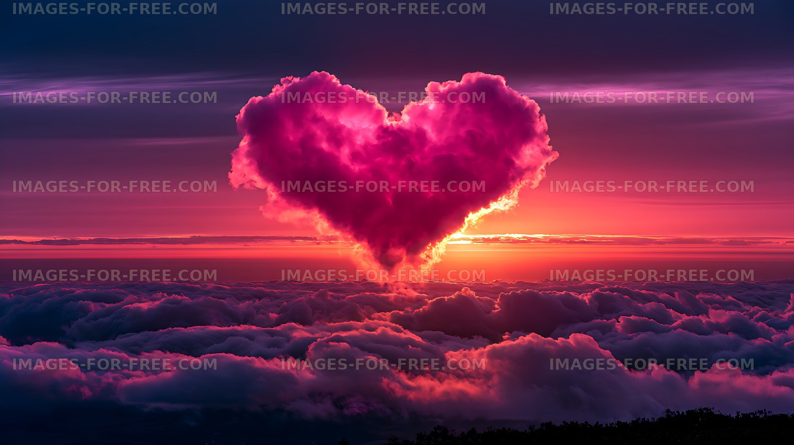Vivid heart-shaped cloud over glowing sunset clouds