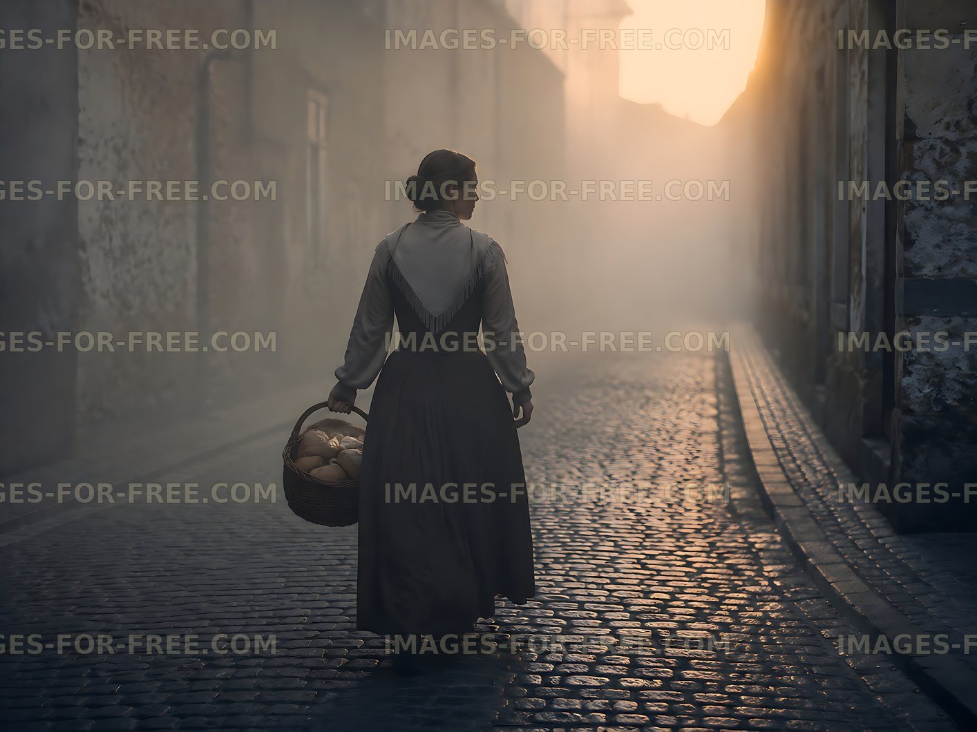Woman walking on a cobblestone street at sunrise with a basket
