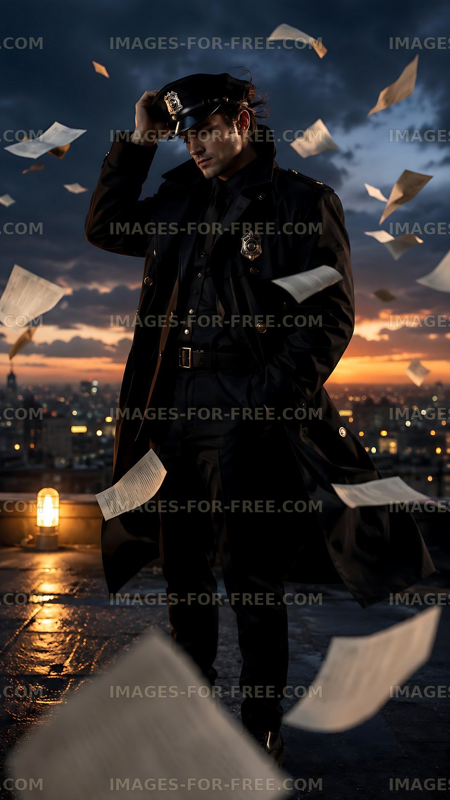 Police officer standing on rooftop during sunset with flying papers