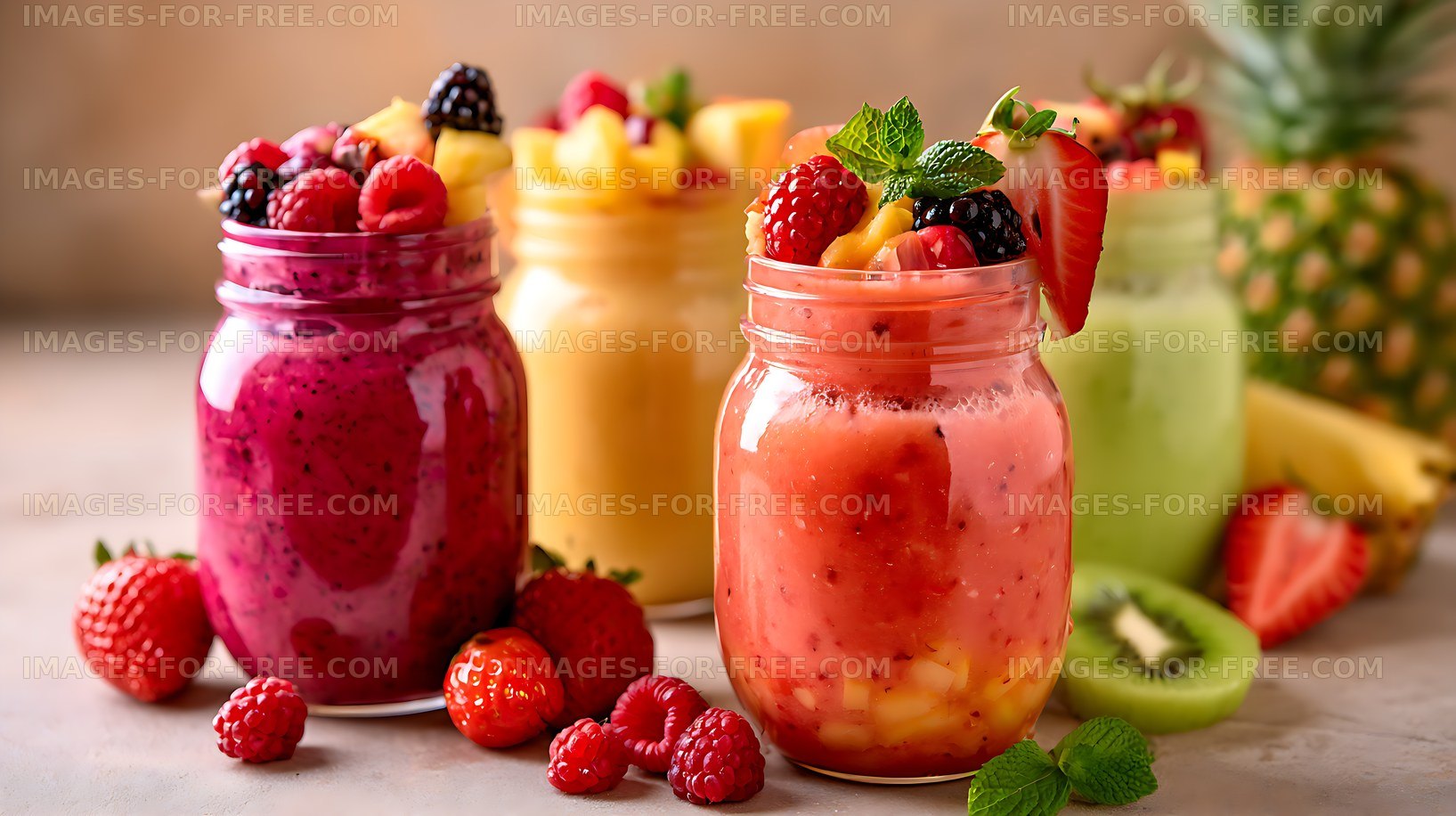 Fresh berry and fruit smoothies served in glass jars