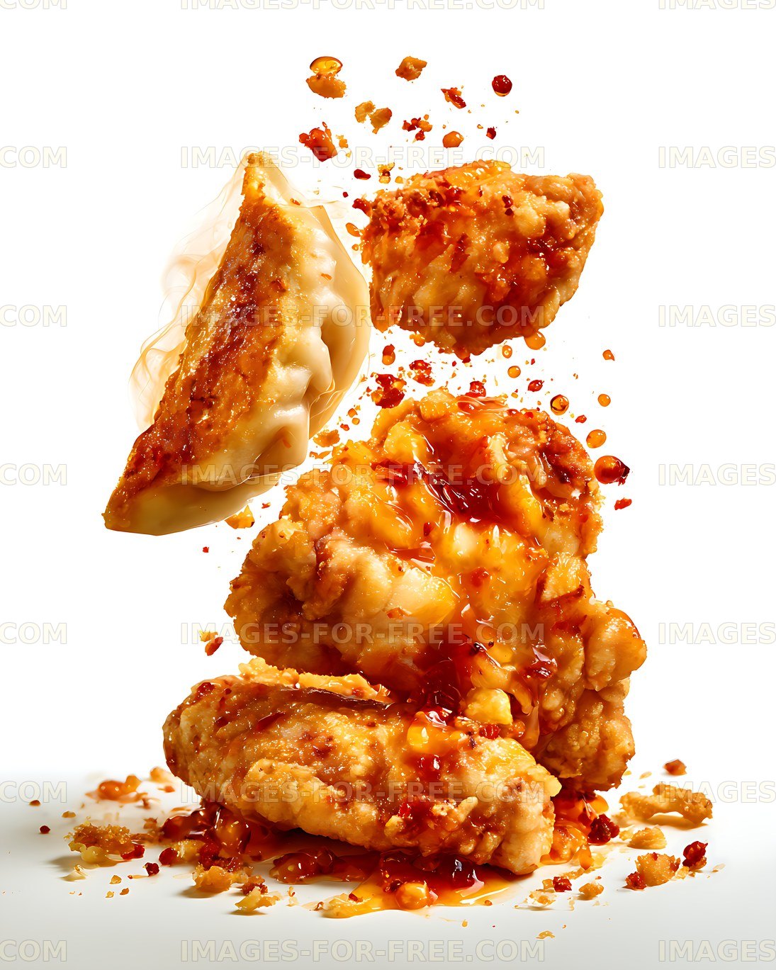 Golden fried dumplings covered in chili sauce