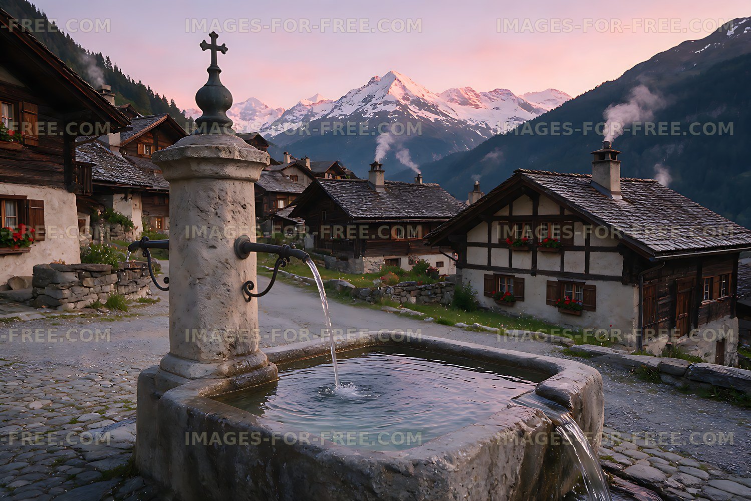 Stone fountain in a Swiss alpine village