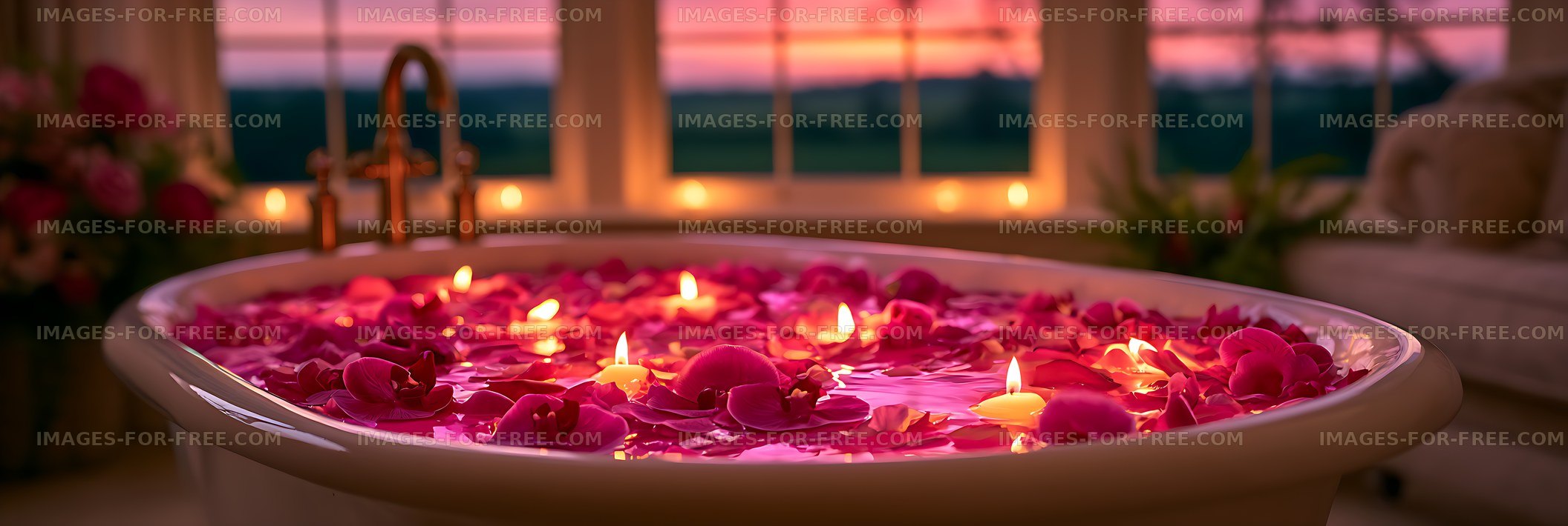 Rose petals and candles in a warm sunset bath setting