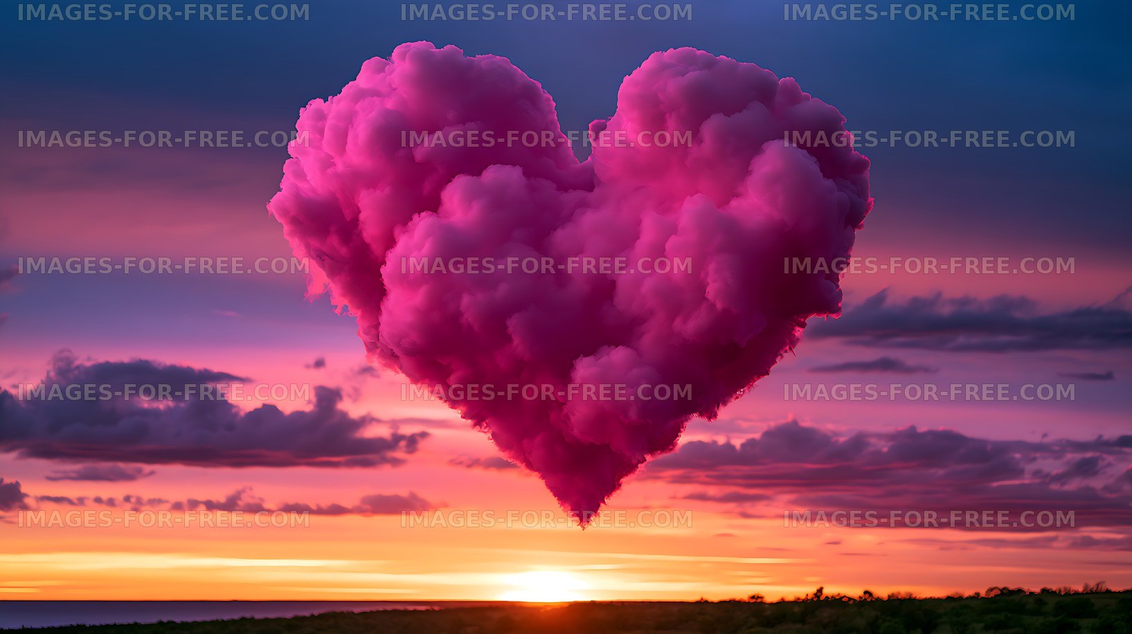 Magenta heart-shaped cloud at sunset