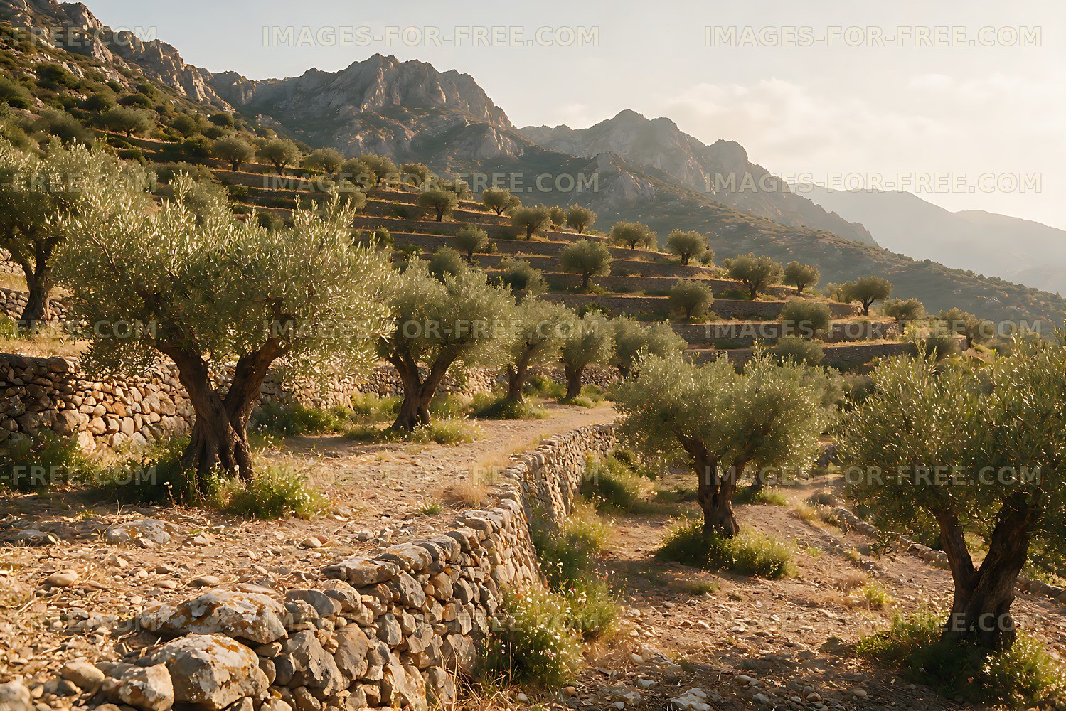 Olive trees and stone terraces in a mountain landscape