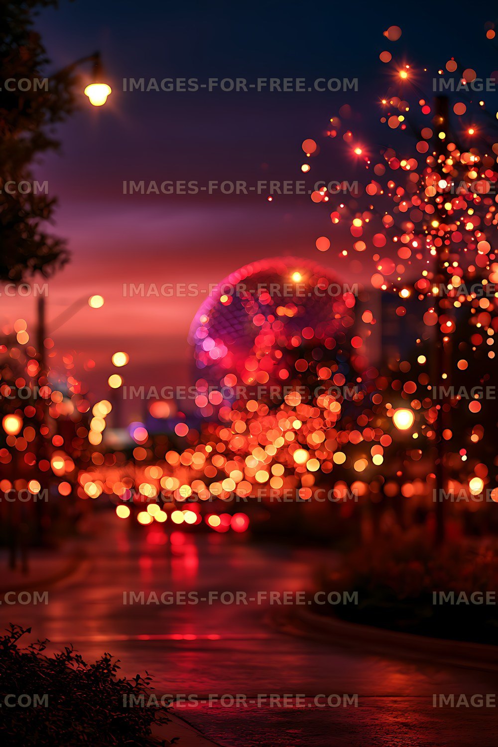 Colorful Defocused Lights Reflecting on Wet Pavement