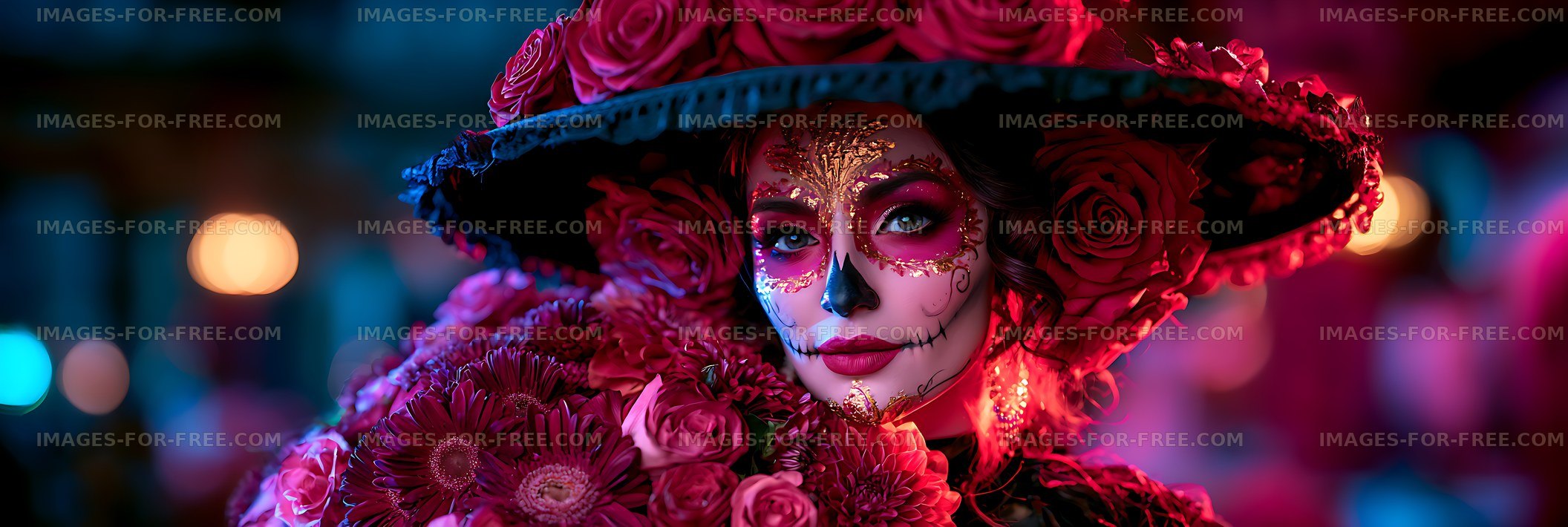 Woman in floral hat with decorative skull makeup