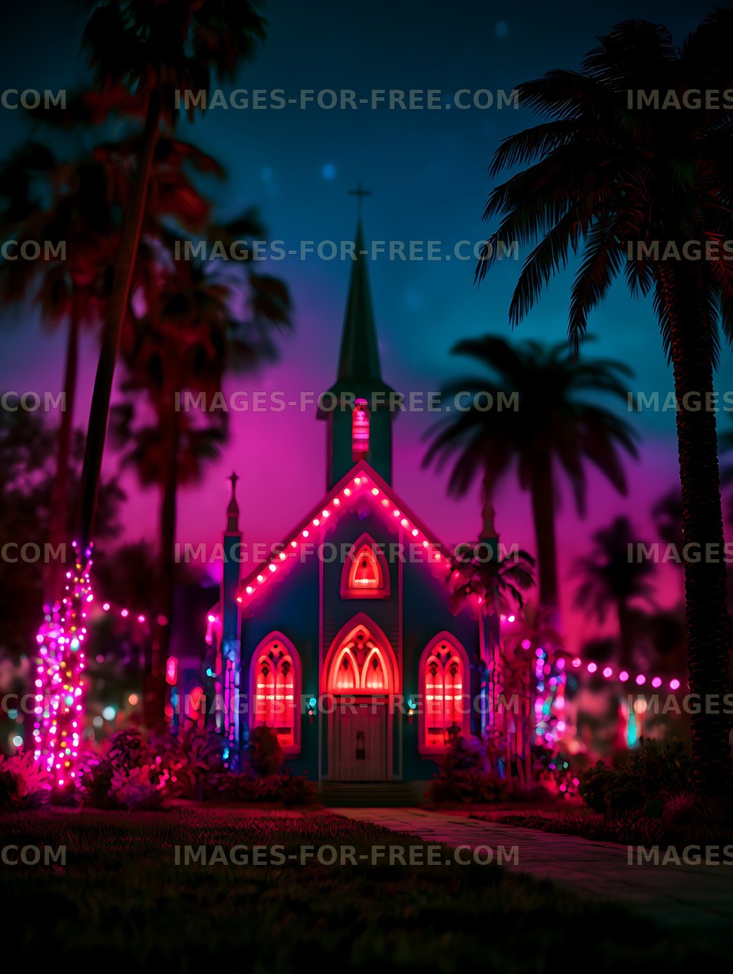 Vibrant Church and Palm Trees Under a Twilight Sky
