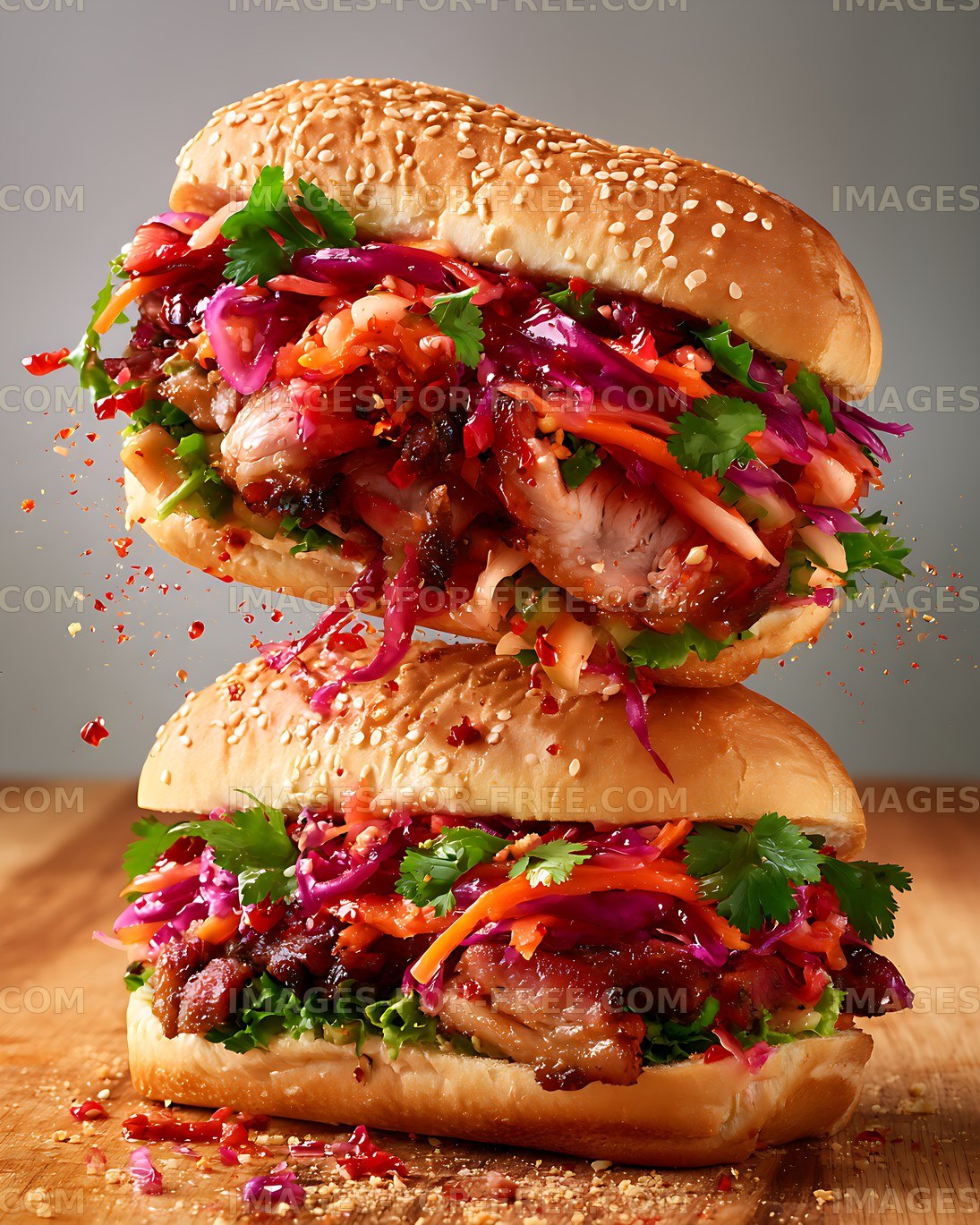 Two stacked sesame sandwiches with vibrant vegetable filling